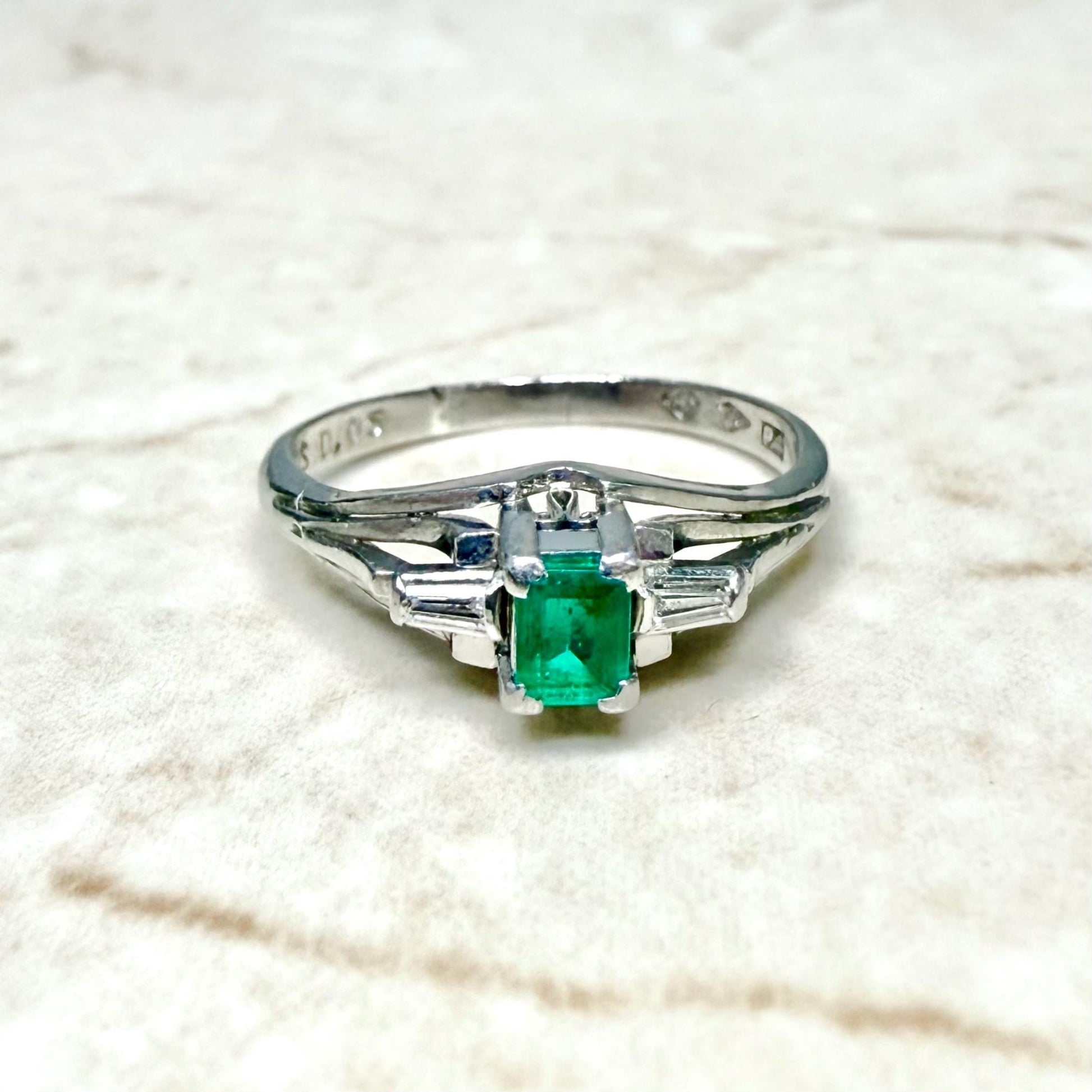 Vintage Platinum Natural Emerald & Diamond 3 - Stone Ring - WeilJewelry