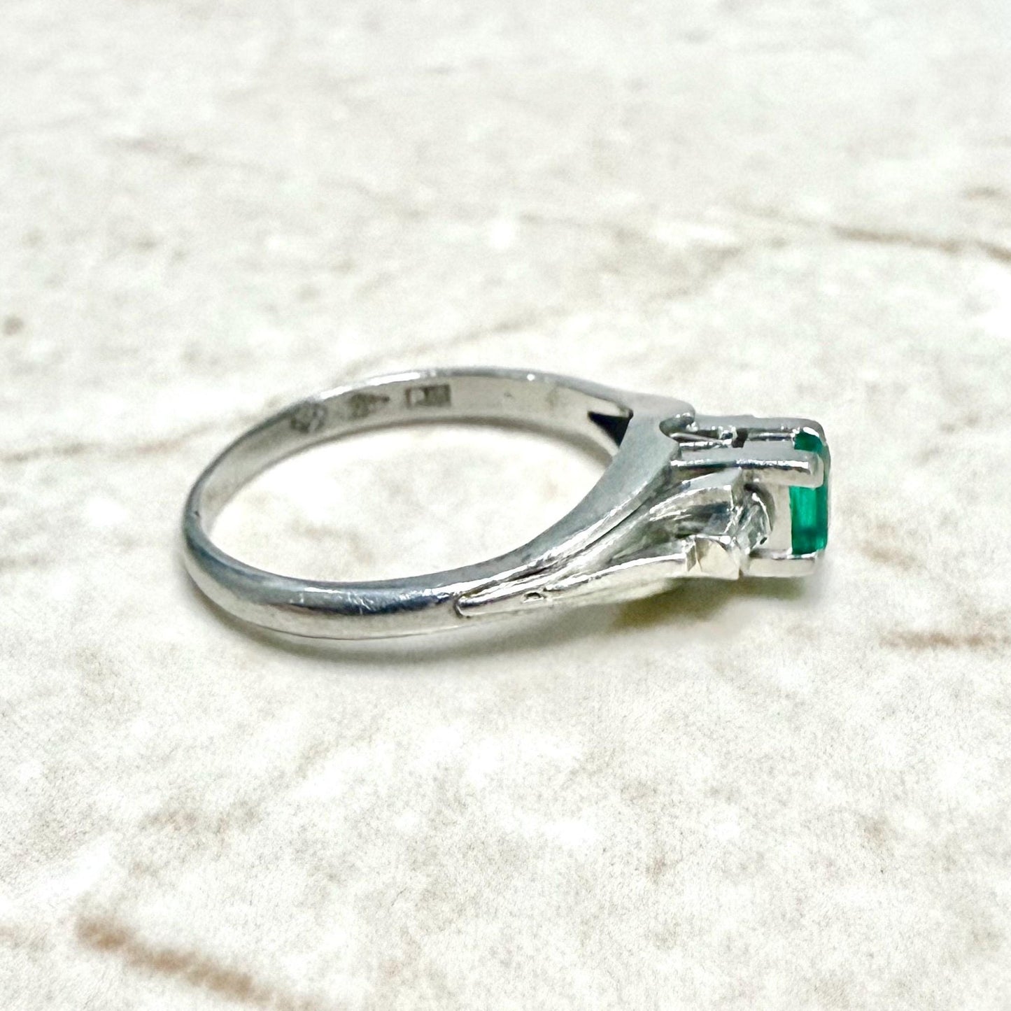 Vintage Platinum Natural Emerald & Diamond 3 - Stone Ring - WeilJewelry