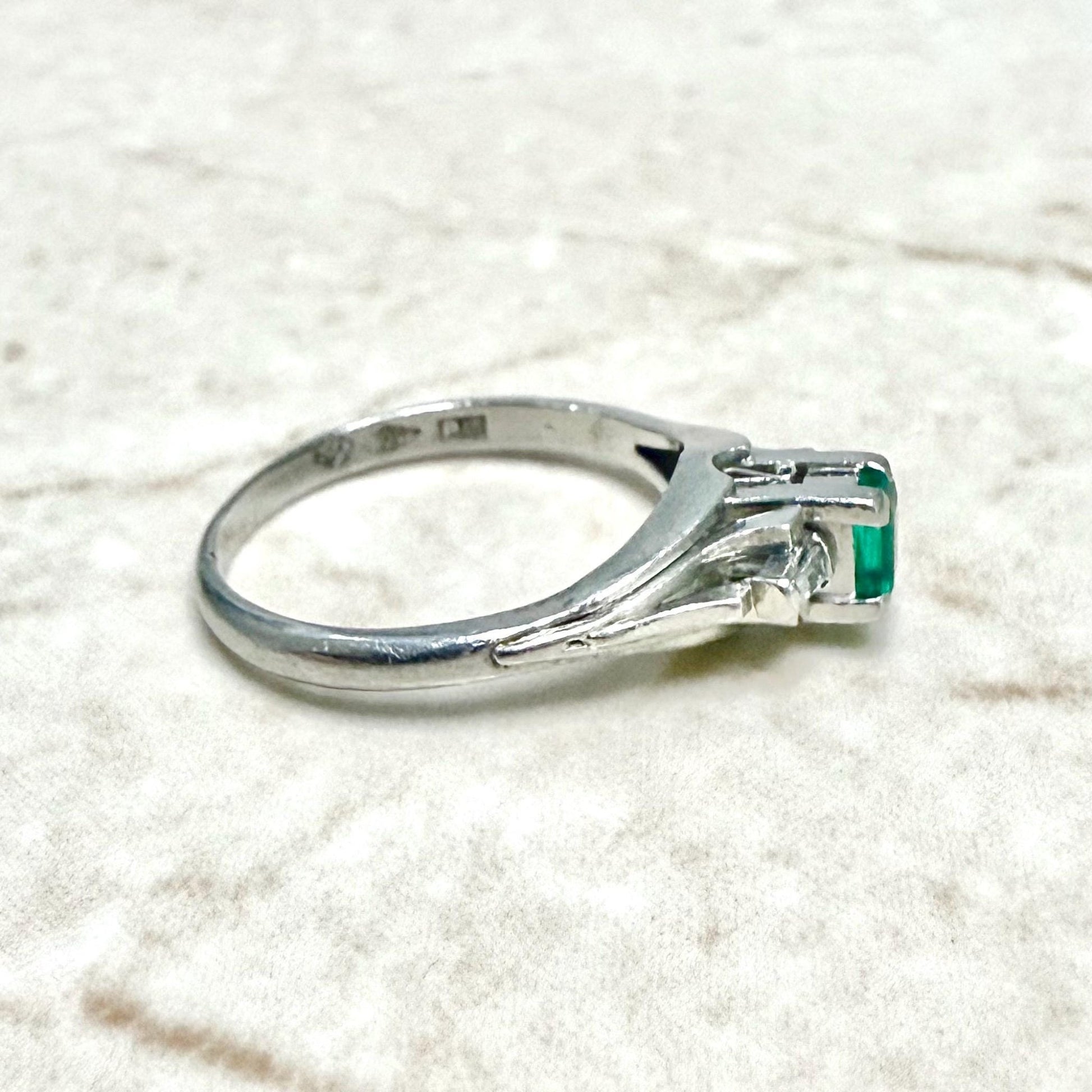 Vintage Platinum Natural Emerald & Diamond 3 - Stone Ring - WeilJewelry