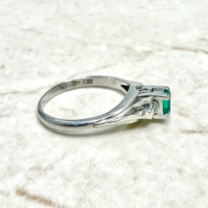 Vintage Platinum Natural Emerald & Diamond 3 - Stone Ring - WeilJewelry