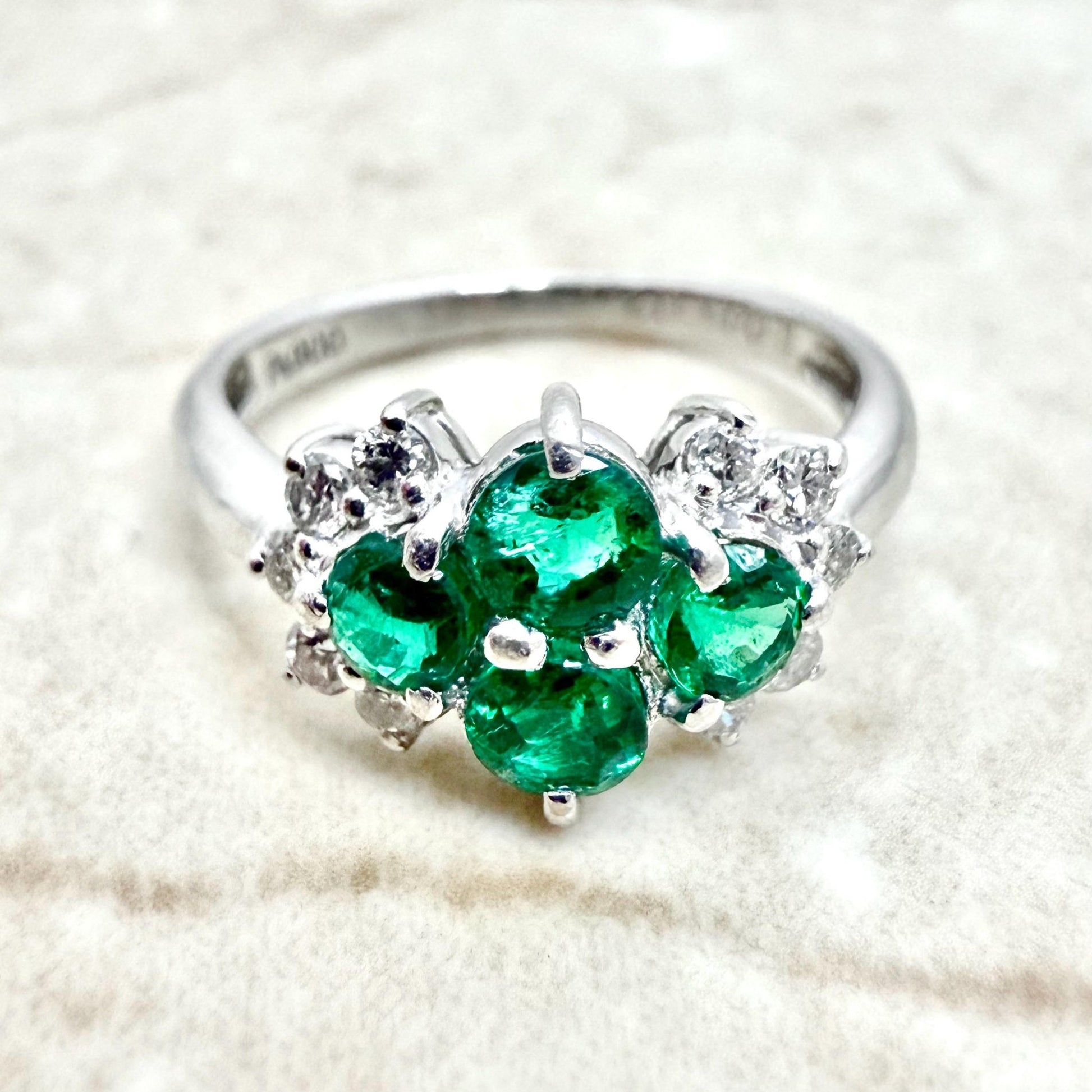 Vintage Platinum Natural Emerald & Diamond Cocktail Ring - WeilJewelry