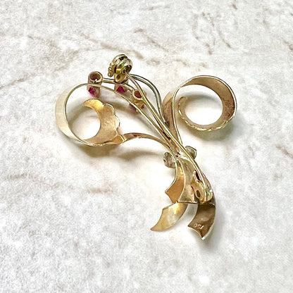 Vintage Retro Italian 18 Karat Rose & White Gold Synthetic Ruby Brooch - WeilJewelry