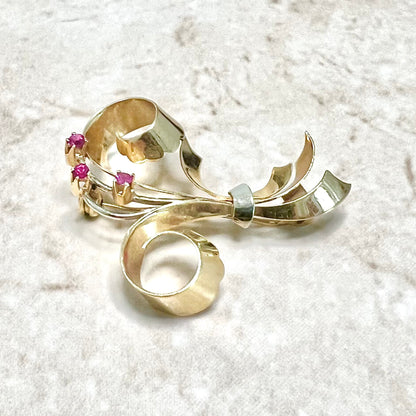 Vintage Retro Italian 18 Karat Rose & White Gold Synthetic Ruby Brooch - WeilJewelry