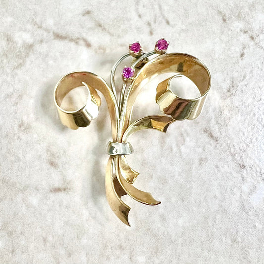 Vintage Retro Italian 18 Karat Rose & White Gold Synthetic Ruby Brooch - WeilJewelry