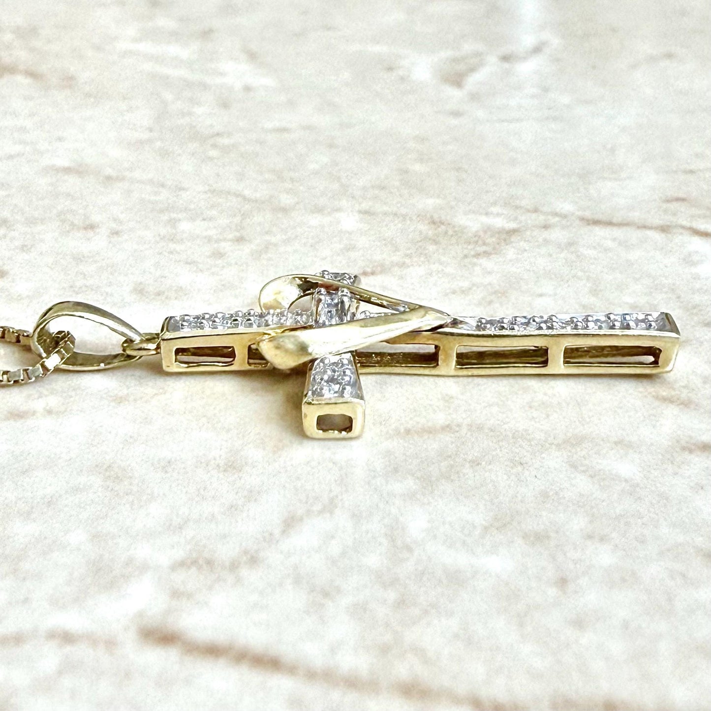 Vintage Solid 10K Yellow Gold Diamond Heart Cross Pendant Necklace - WeilJewelry