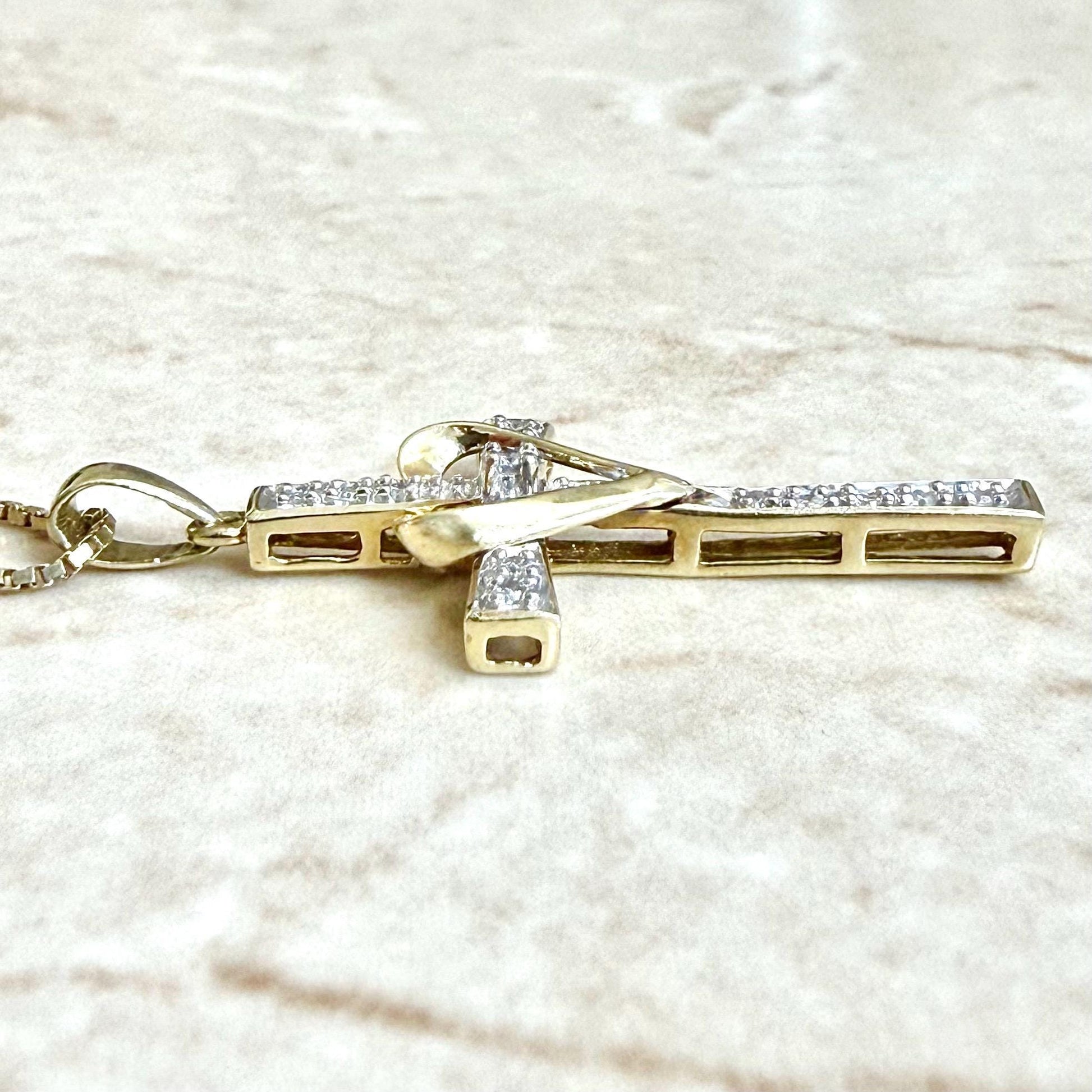 Vintage Solid 10K Yellow Gold Diamond Heart Cross Pendant Necklace - WeilJewelry