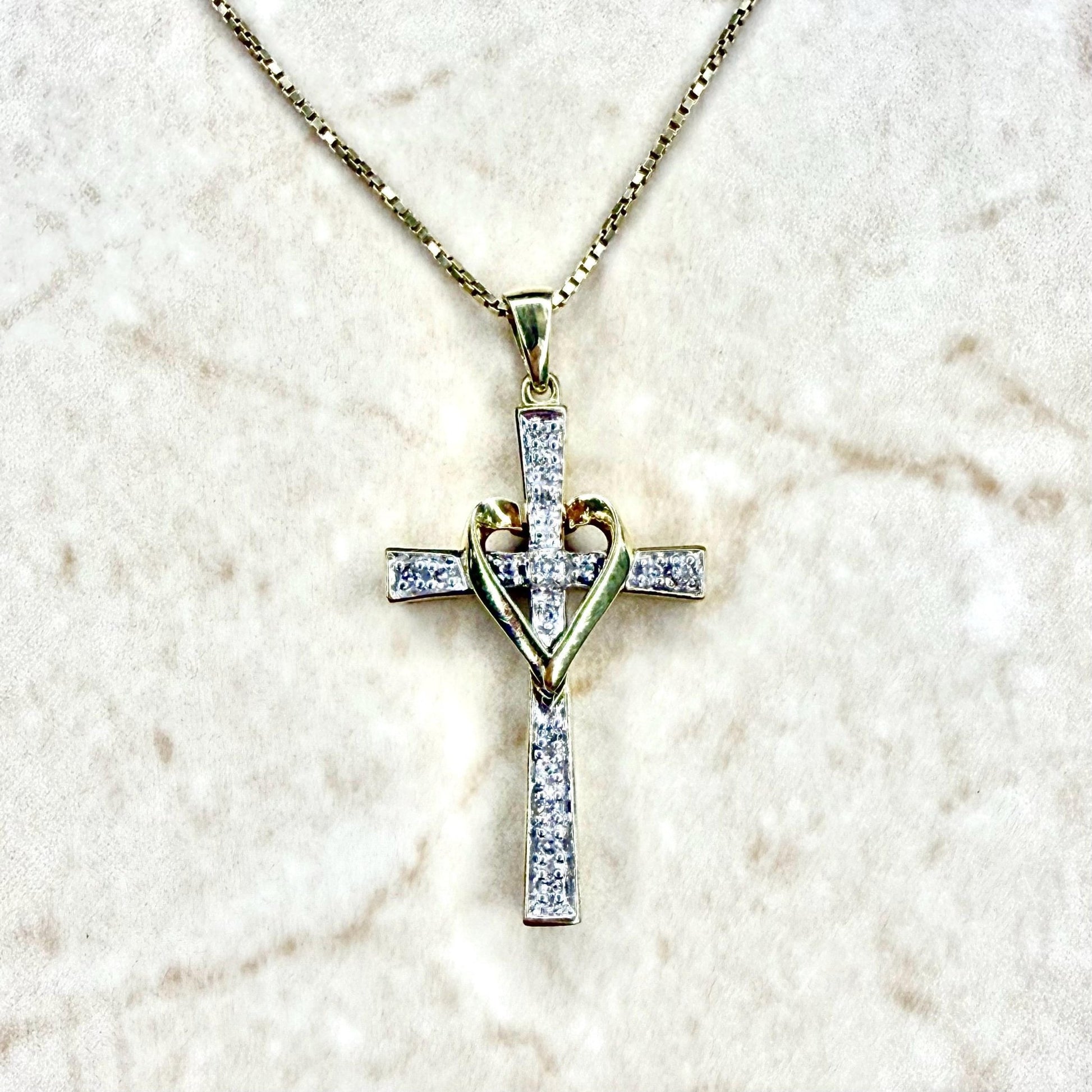 Vintage Solid 10K Yellow Gold Diamond Heart Cross Pendant Necklace - WeilJewelry