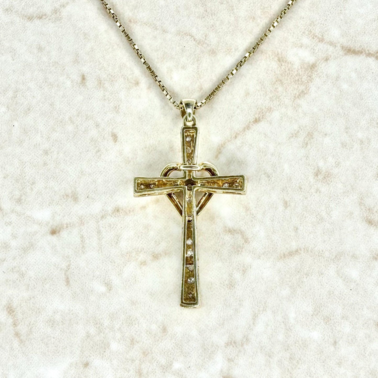 Vintage Solid 10K Yellow Gold Diamond Heart Cross Pendant Necklace - WeilJewelry
