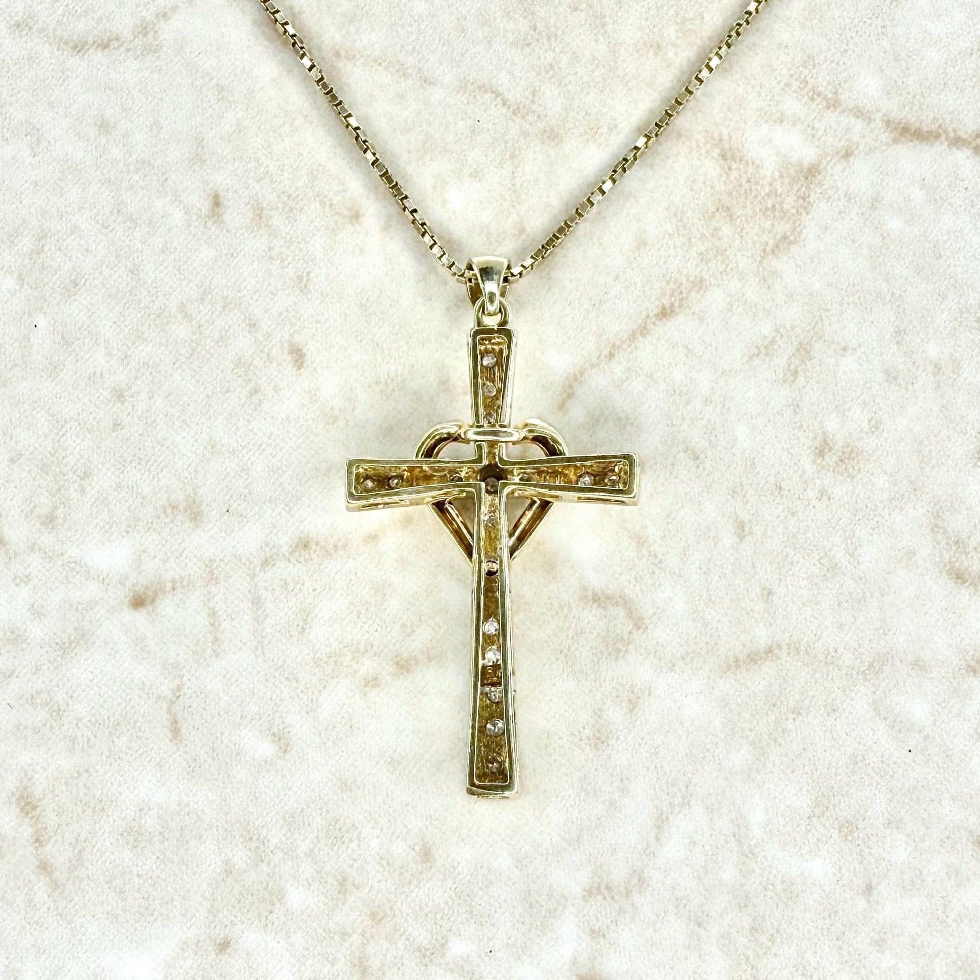 Vintage Solid 10K Yellow Gold Diamond Heart Cross Pendant Necklace - WeilJewelry