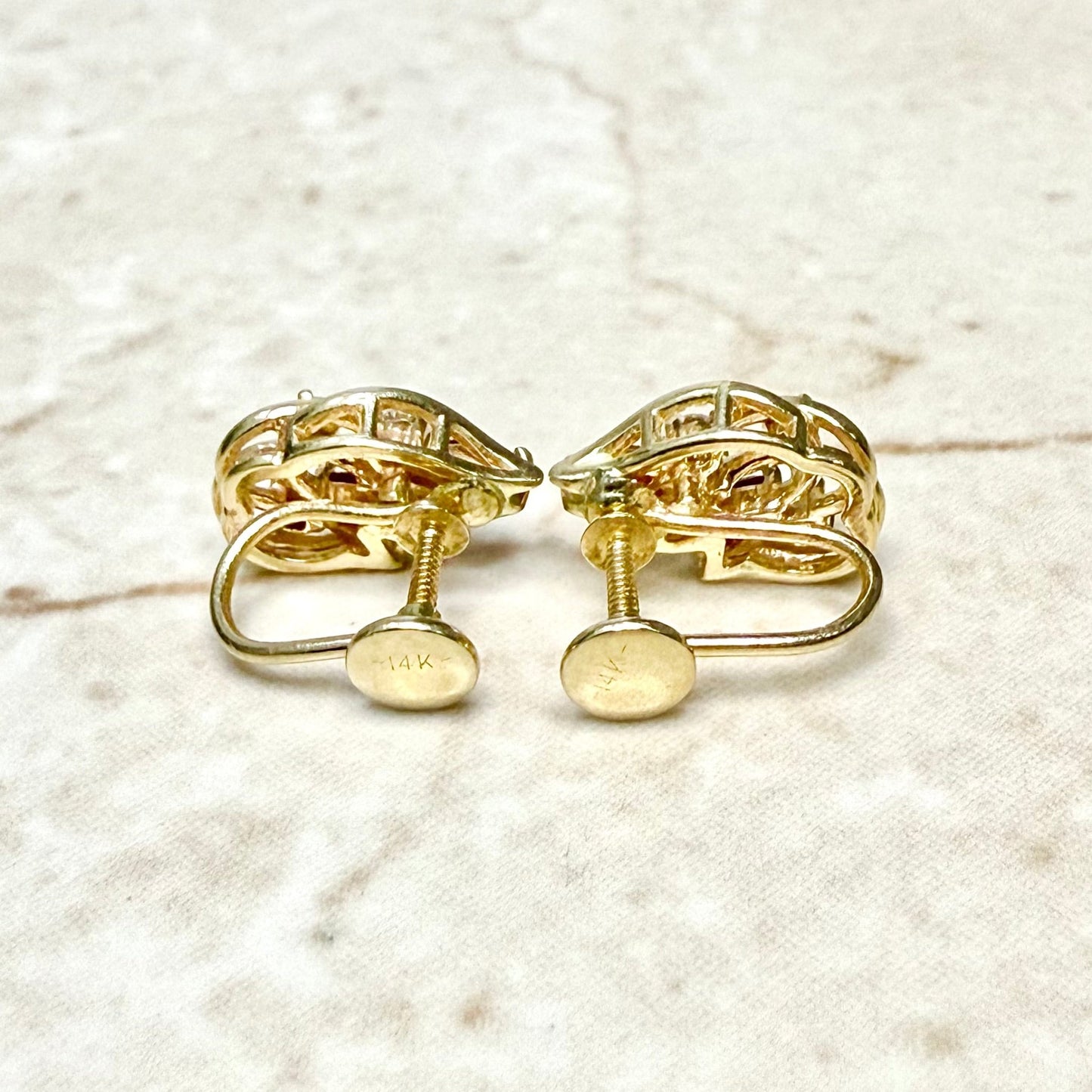 Vintage Solid 14 Karat Yellow Gold Ruby & Diamond Clip - On Screw Earrings - WeilJewelry