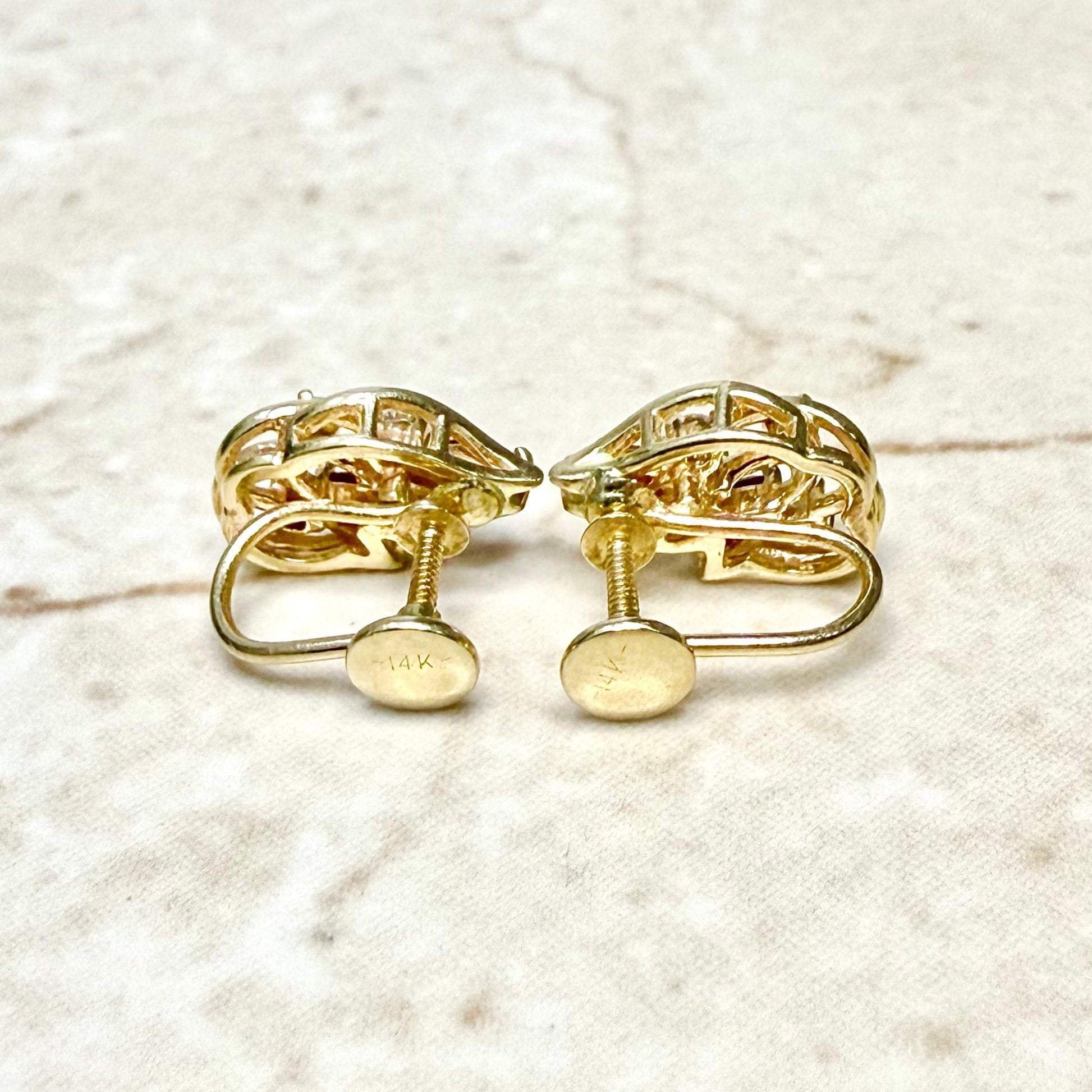 Vintage Solid 14 Karat Yellow Gold Ruby & Diamond Clip - On Screw Earrings - WeilJewelry