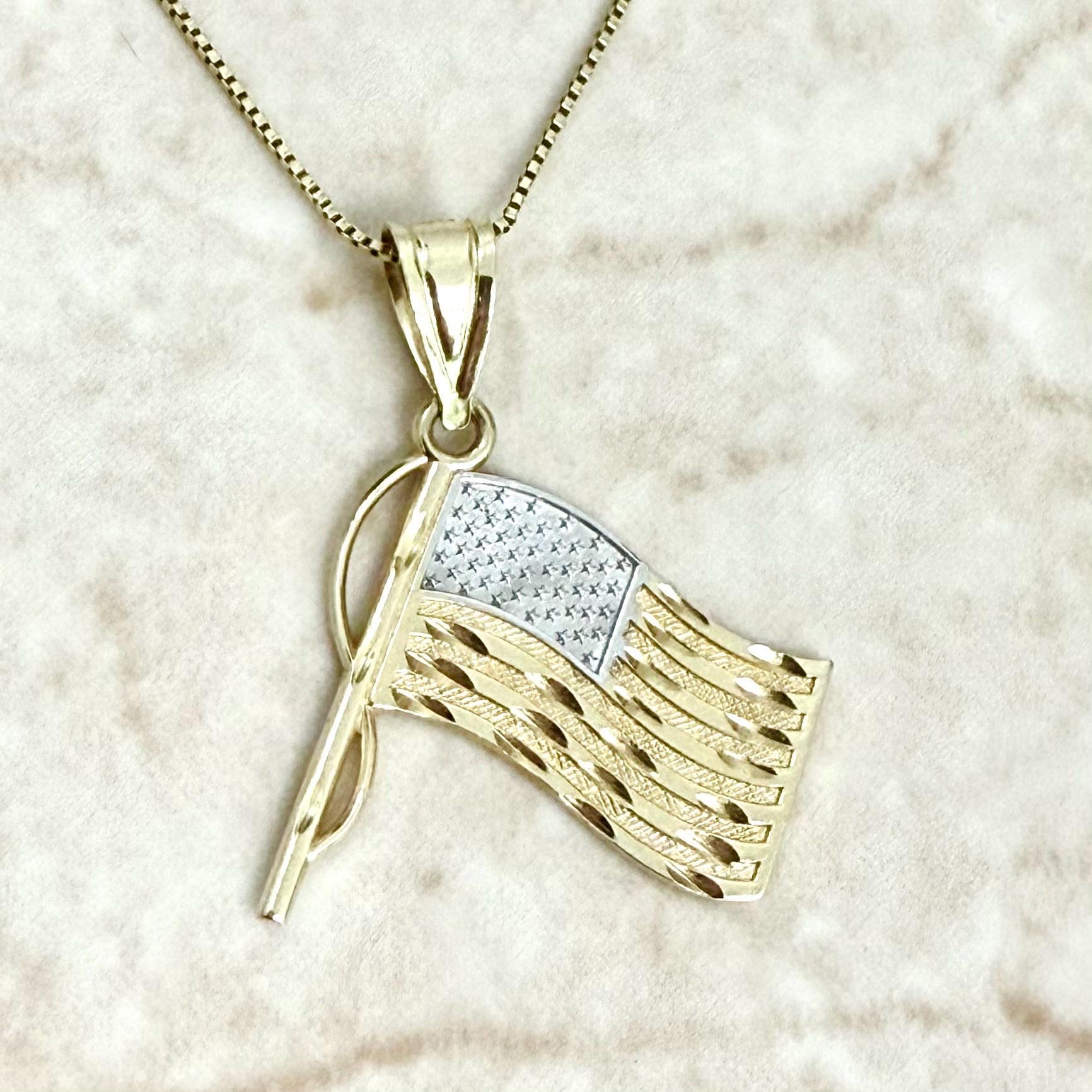 Vintage Solid 14K Gold American Flag Pendant Necklace - WeilJewelry