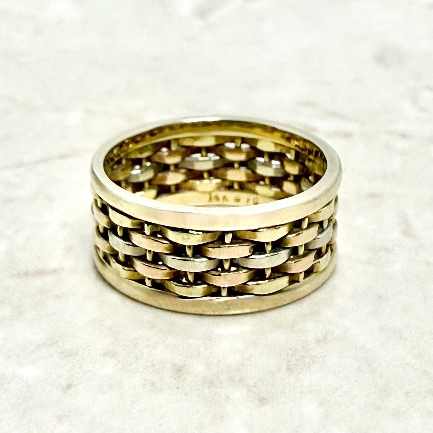 Vintage Solid 14K Tri Tone Gold Basket Weave Wedding Band Ring - WeilJewelry