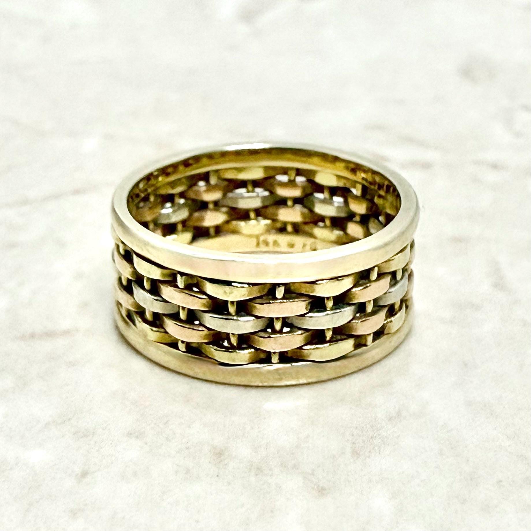 Vintage Solid 14K Tri Tone Gold Basket Weave Wedding Band Ring - WeilJewelry