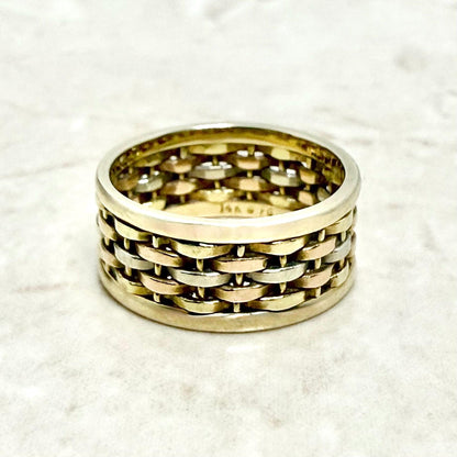 Vintage Solid 14K Tri Tone Gold Basket Weave Wedding Band Ring - WeilJewelry