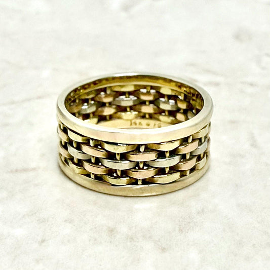 Vintage Solid 14K Tri Tone Gold Basket Weave Wedding Band Ring - WeilJewelry