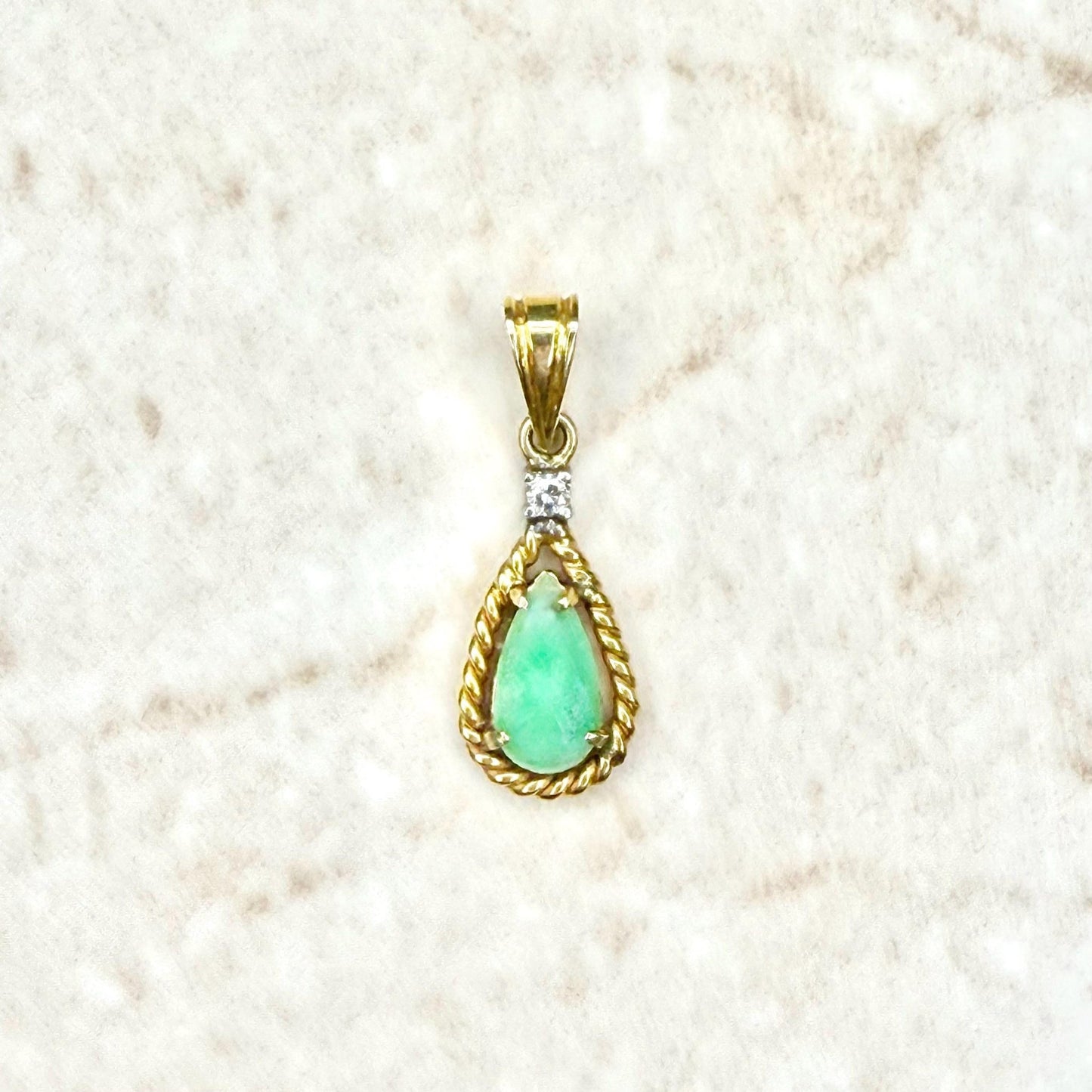Vintage Solid 14K Yellow Gold Diamond & Jadeite Teardrop Pendant - WeilJewelry