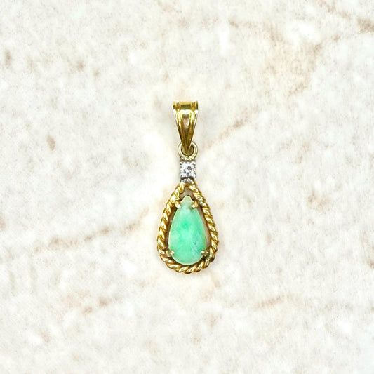Vintage Solid 14K Yellow Gold Diamond & Jadeite Teardrop Pendant - WeilJewelry