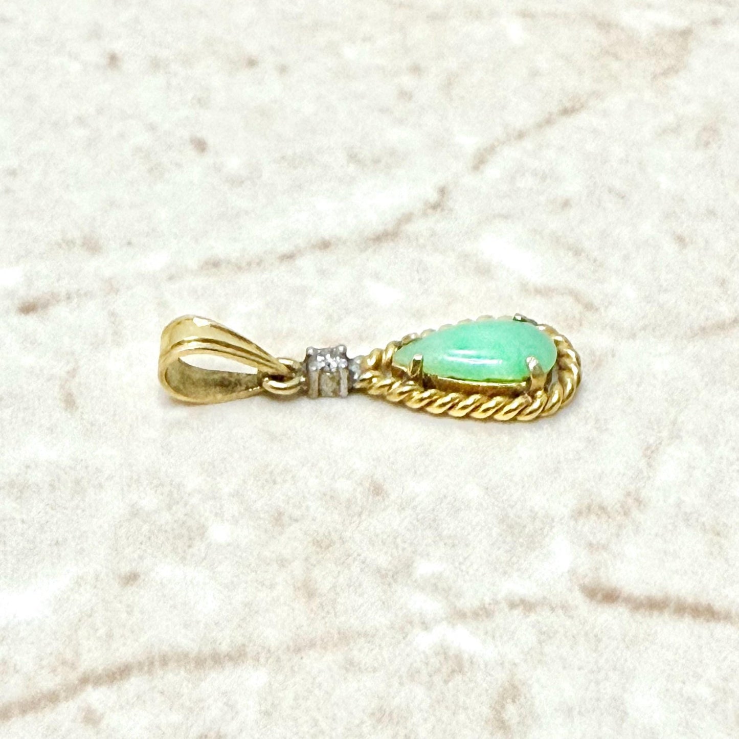 Vintage Solid 14K Yellow Gold Diamond & Jadeite Teardrop Pendant - WeilJewelry