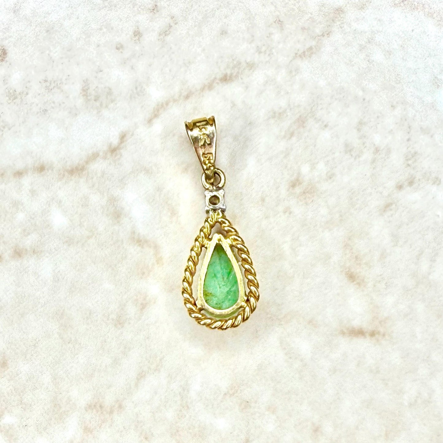 Vintage Solid 14K Yellow Gold Diamond & Jadeite Teardrop Pendant - WeilJewelry