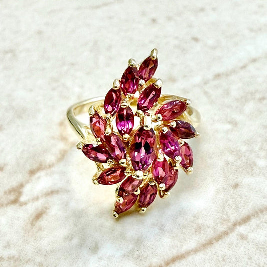 Vintage Solid 14K Yellow Gold Garnet Cluster Cocktail Ring - WeilJewelry