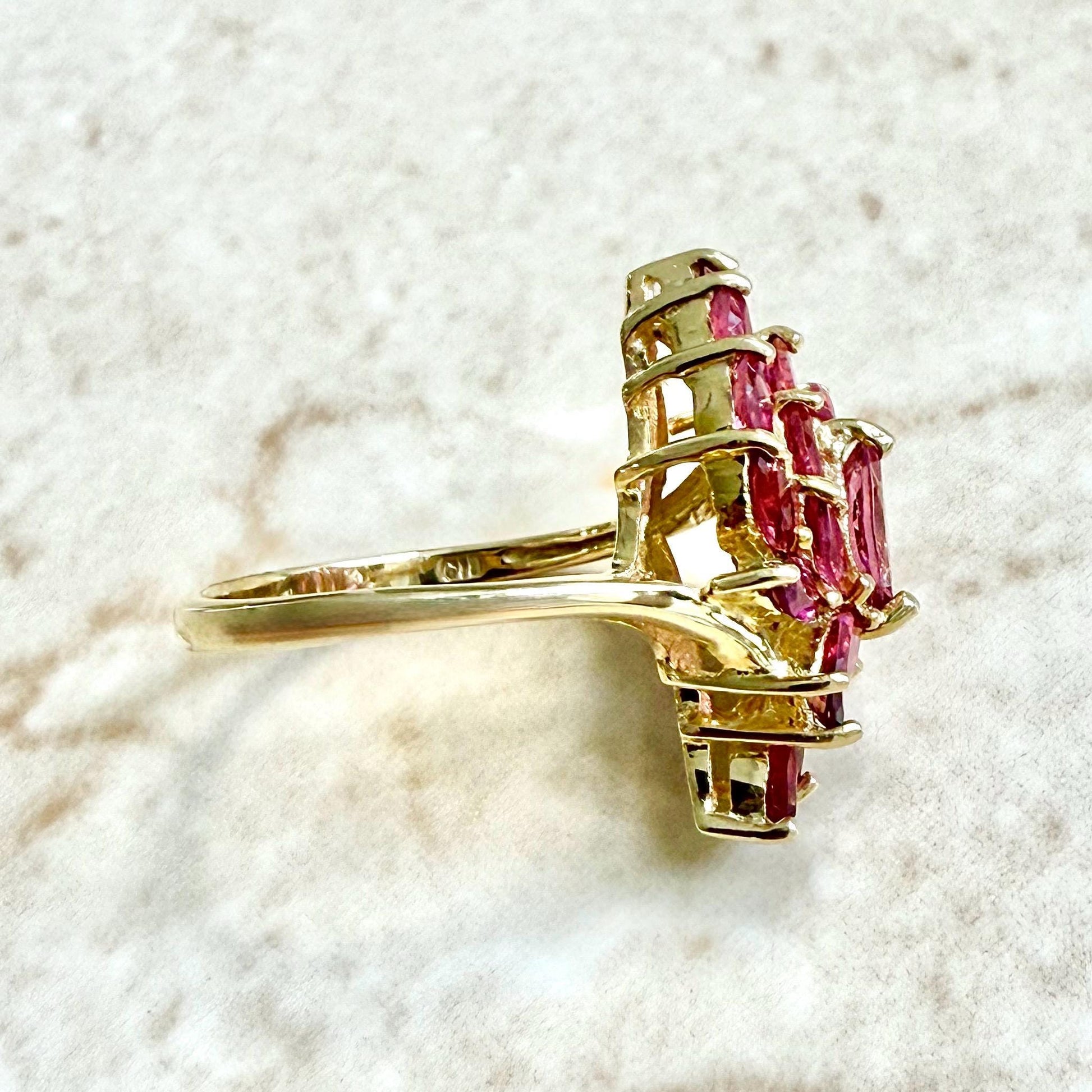 Vintage Solid 14K Yellow Gold Garnet Cluster Cocktail Ring - WeilJewelry