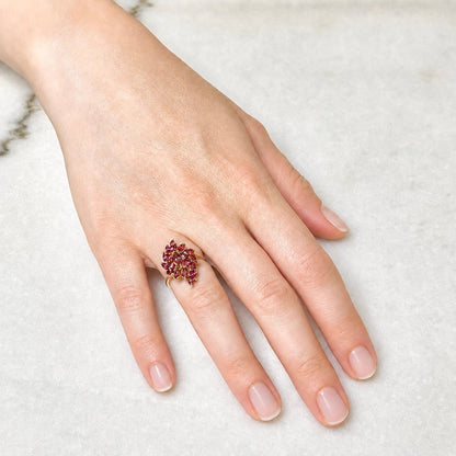 Vintage Solid 14K Yellow Gold Garnet Cluster Cocktail Ring - WeilJewelry