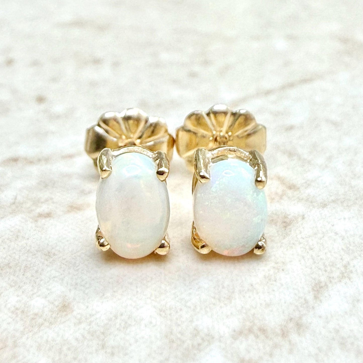 Vintage Solid 14K Yellow Gold Oval Opal Stud Earrings - WeilJewelry