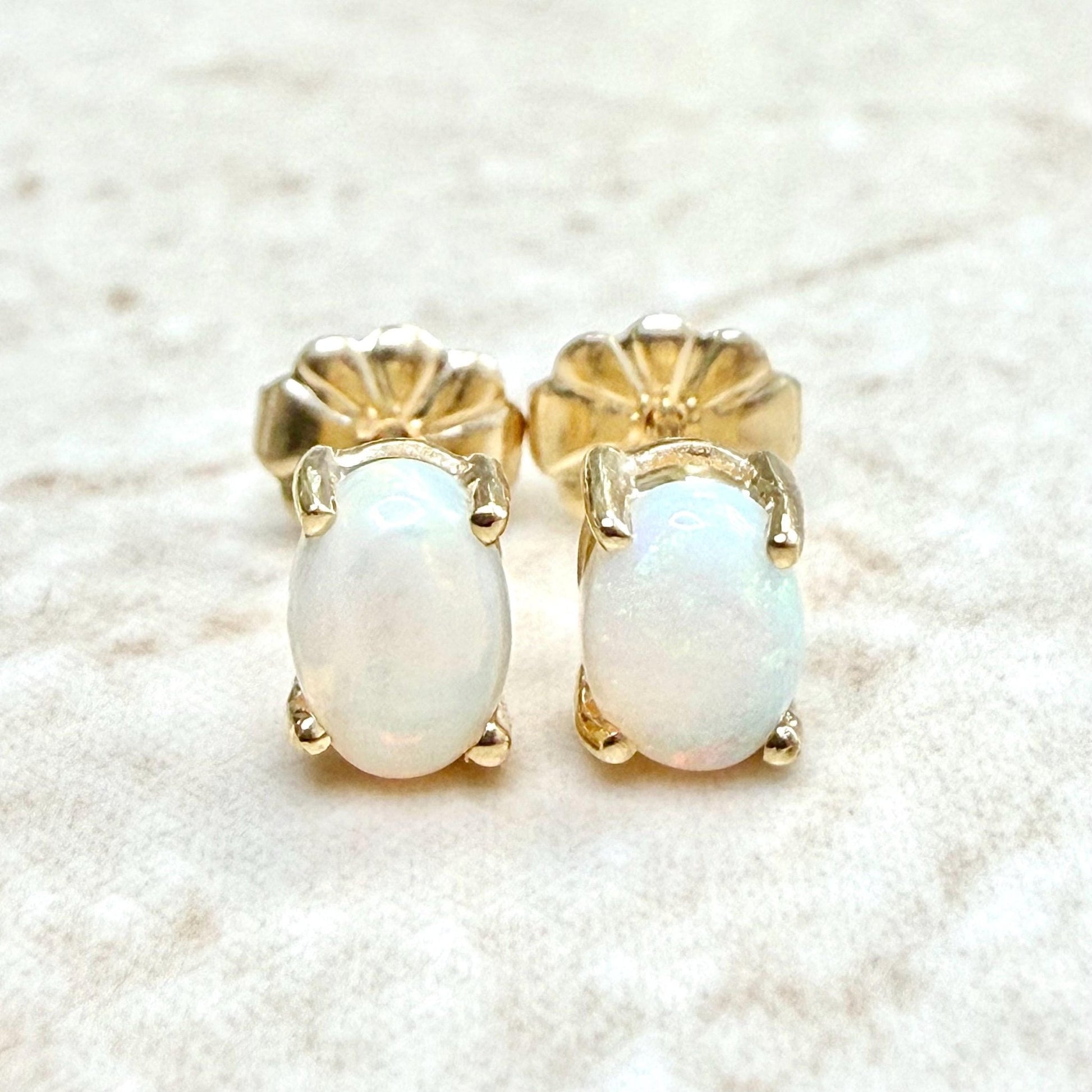 Vintage Solid 14K Yellow Gold Oval Opal Stud Earrings - WeilJewelry