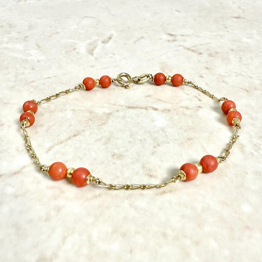 Vintage Solid 18K Yellow Gold Coral Imitation Chain Bracelet - WeilJewelry