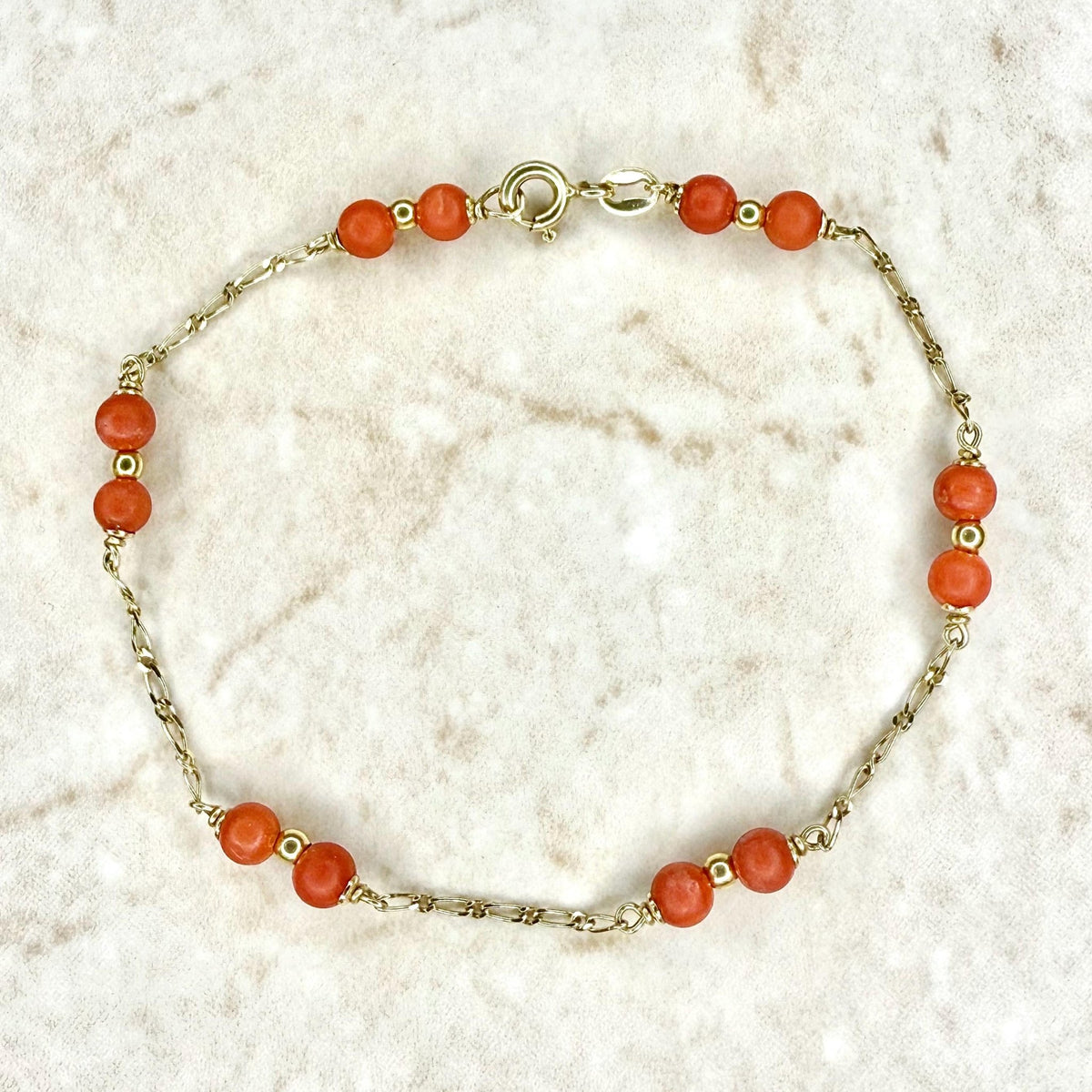 Vintage Solid 18K Yellow Gold Coral Imitation Chain Bracelet - WeilJewelry