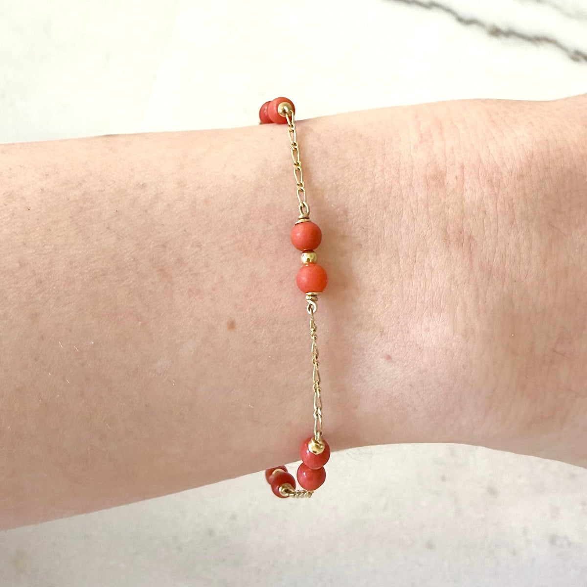 Vintage Solid 18K Yellow Gold Coral Imitation Chain Bracelet - WeilJewelry
