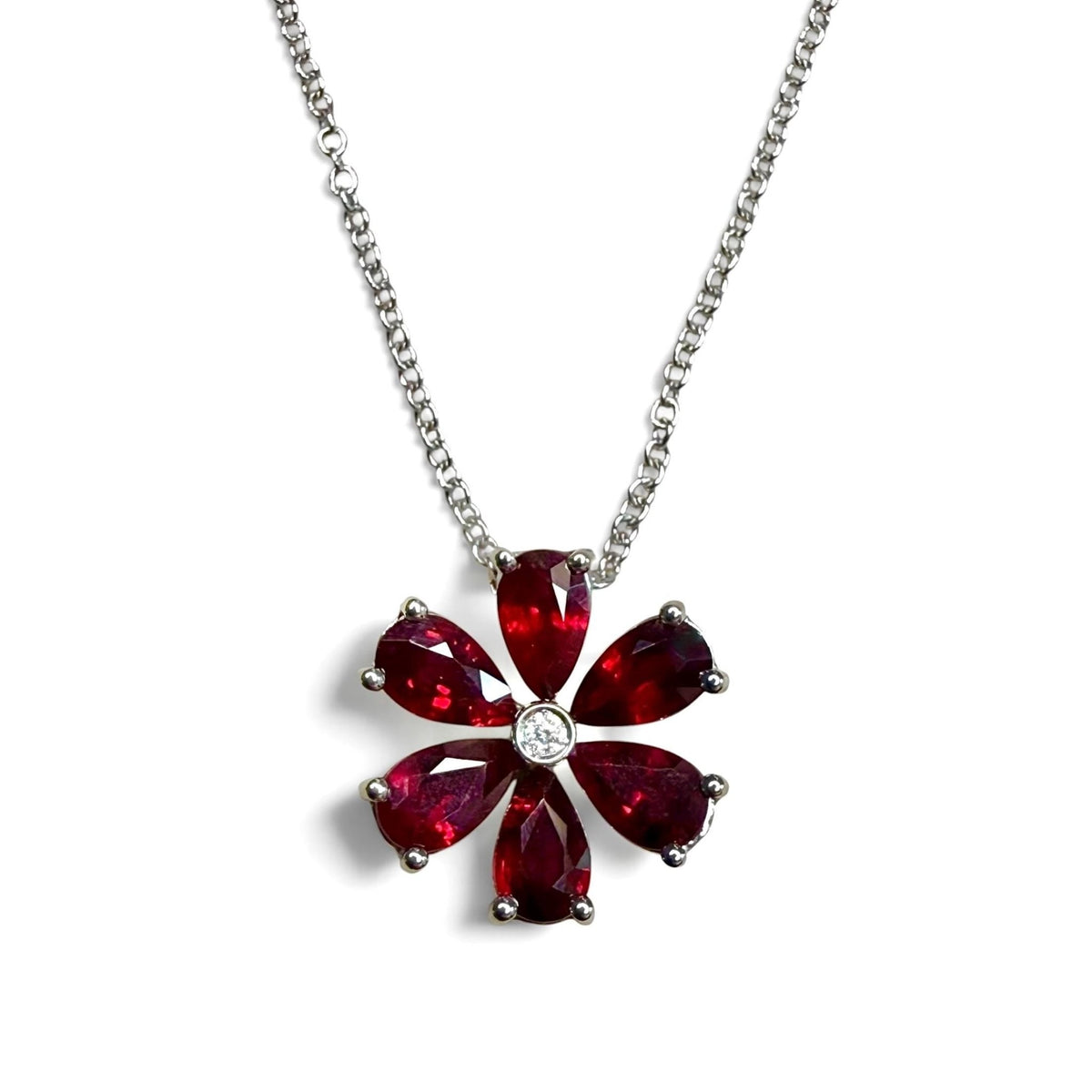 ZYDO Italy “Belleza Fiorita” 18K White Gold Natural Ruby Flower Pendant Necklace - WeilJewelry