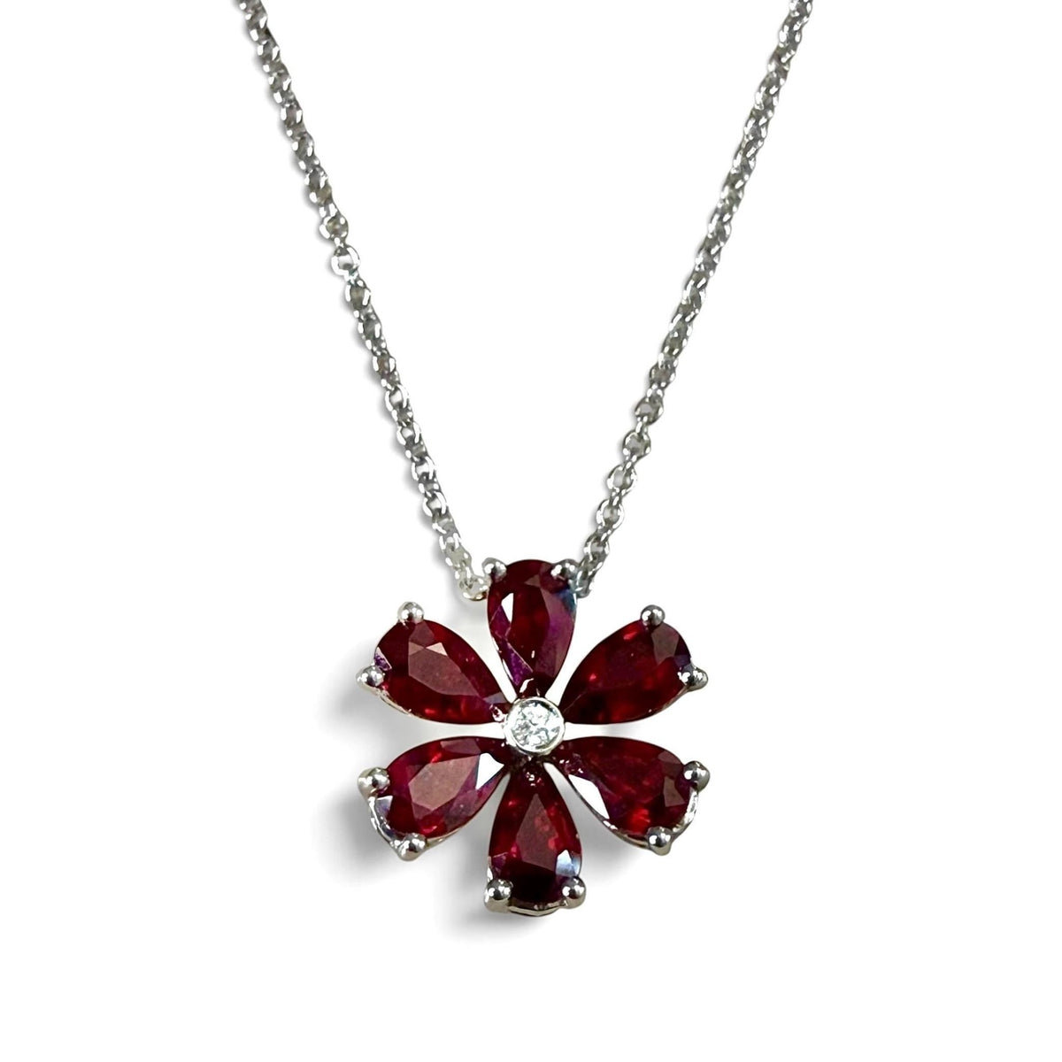 ZYDO Italy “Belleza Fiorita” 18K White Gold Natural Ruby Flower Pendant Necklace - WeilJewelry