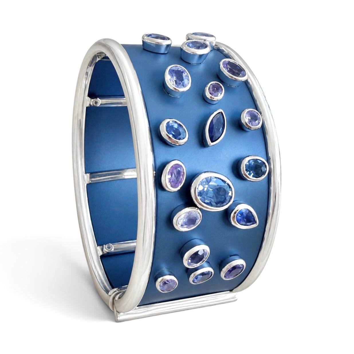 ZYDO Italy "Cielo Incantato" 18K White Gold & Blue Titanium 11.08 CTW Sapphire Bangle Bracelet - WeilJewelry