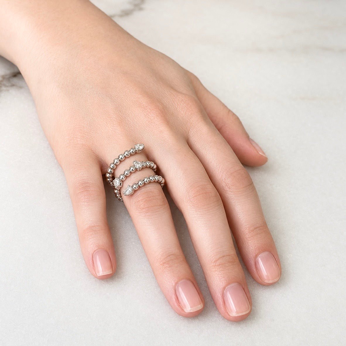 ZYDO Italy "L’Incantatrice" 18K White Gold Beaded Natural Diamond Spiral Wrap Ring - WeilJewelry