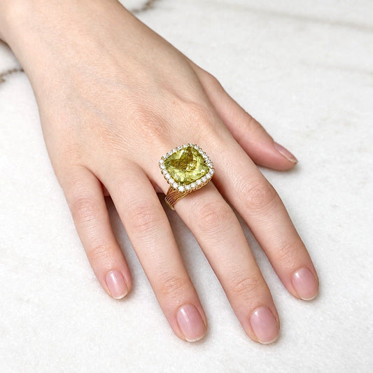 ZYDO Italy "Sole Mio" 18K Yellow Gold 10.92 CT Lemon Quartz & Diamond Halo Ring - WeilJewelry