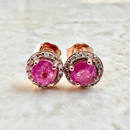 10 Karat Rose Gold Round Ruby & Diamond Halo Stud Earrings - WeilJewelry