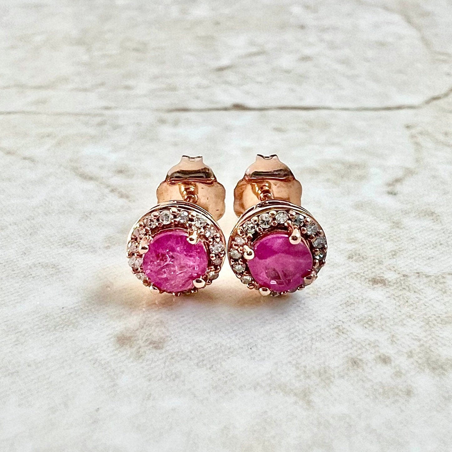 10 Karat Rose Gold Round Ruby & Diamond Halo Stud Earrings - WeilJewelry