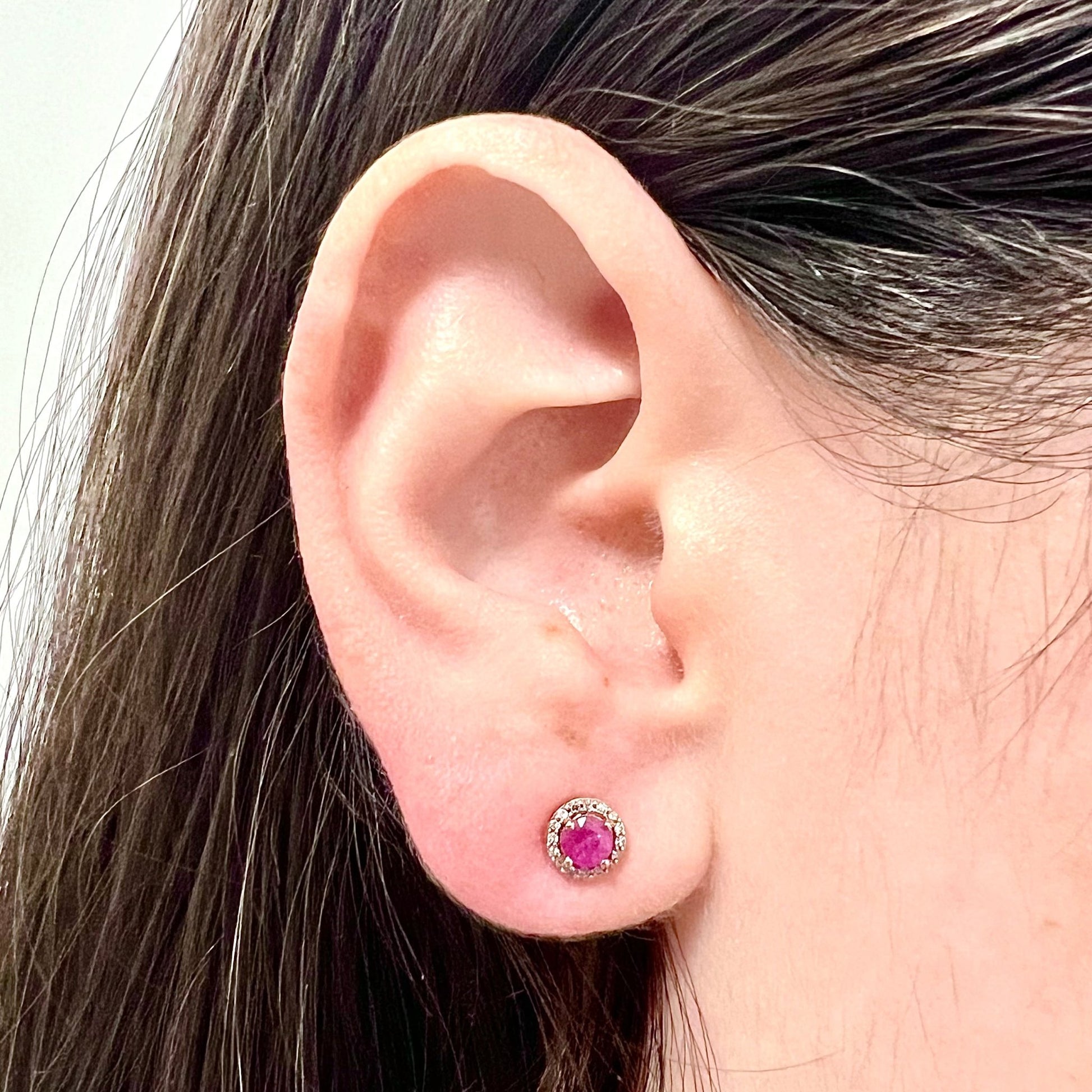 10 Karat Rose Gold Round Ruby & Diamond Halo Stud Earrings - WeilJewelry