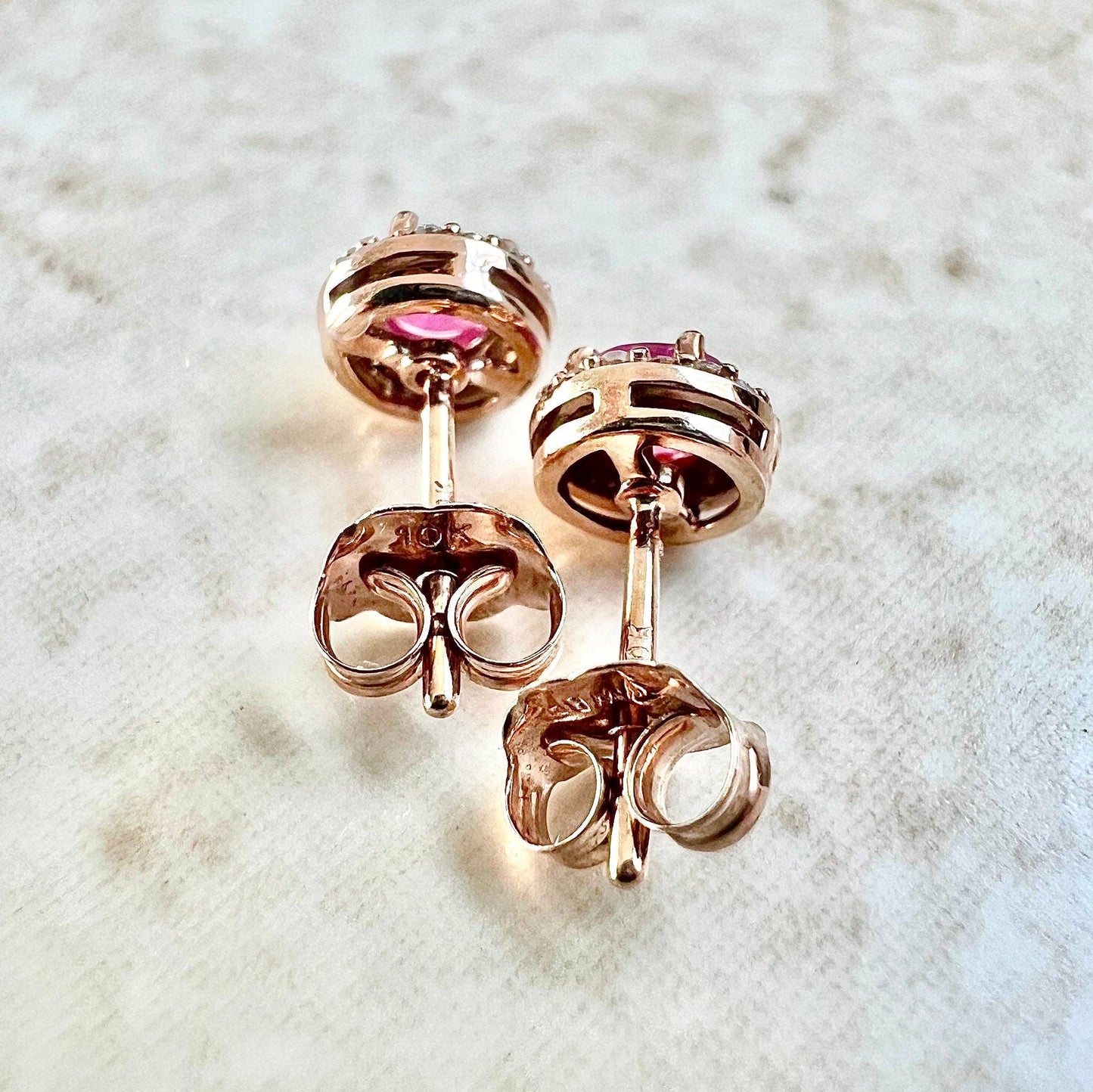 10 Karat Rose Gold Round Ruby & Diamond Halo Stud Earrings - WeilJewelry