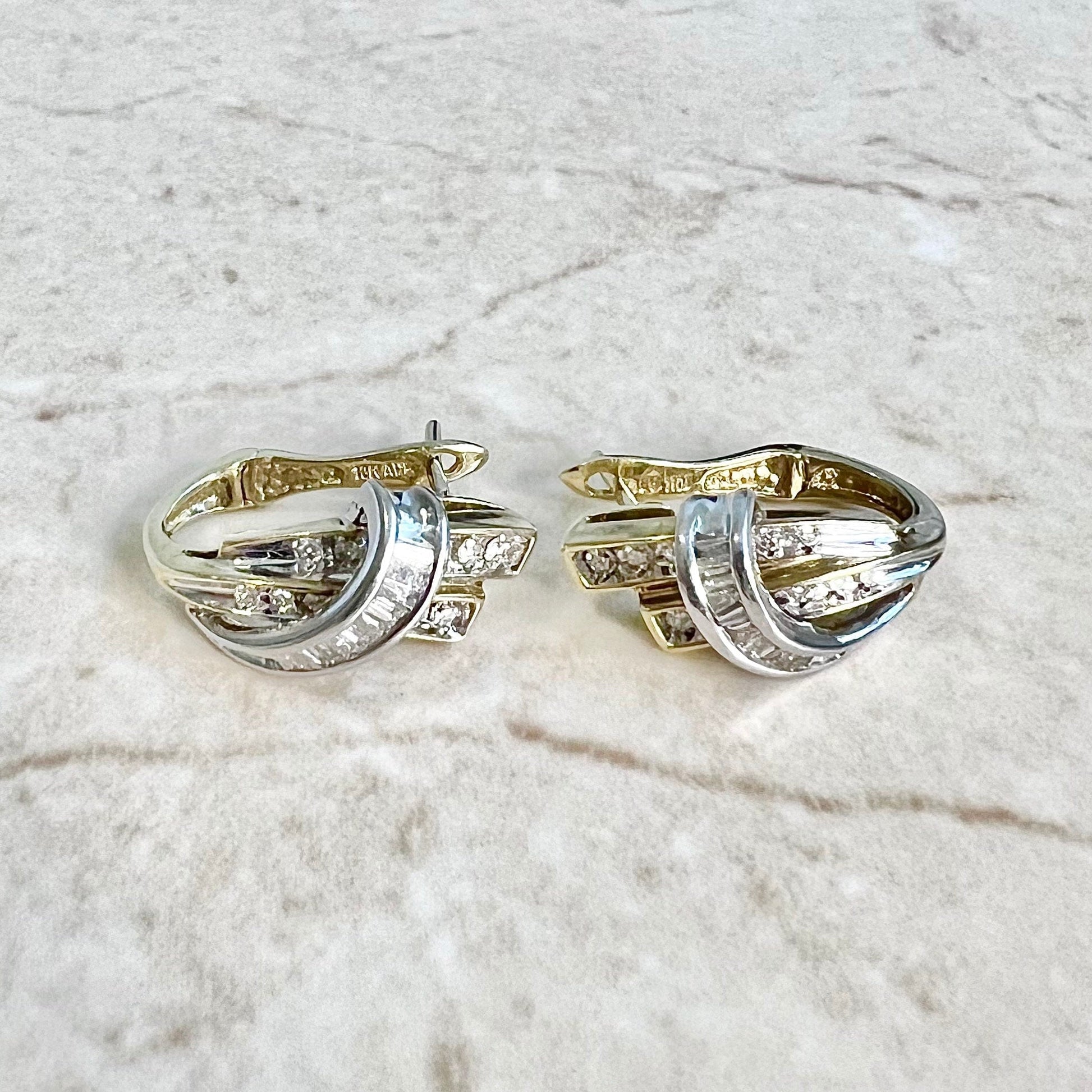 10K Diamond Huggie Hoop Earrings 0.30 CTTW - Two Tone Gold Diamond Earrings - Crossover Hoop Earrings - Huggie Earrings - Best Gifts For Her
