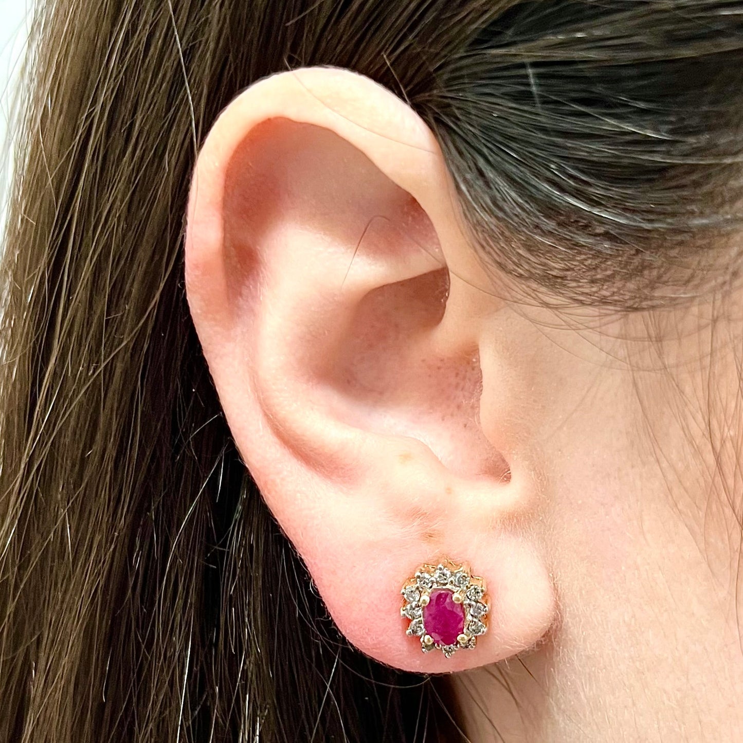 10 Karat Two-Tone Gold Diamond & Oval Ruby Halo Stud Earrings - WeilJewelry