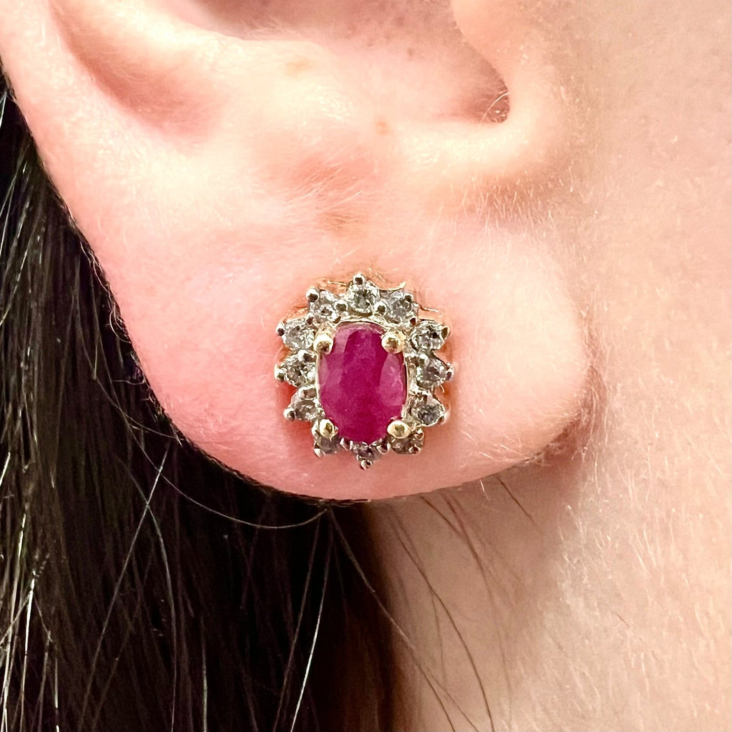 10 Karat Two-Tone Gold Diamond & Oval Ruby Halo Stud Earrings - WeilJewelry