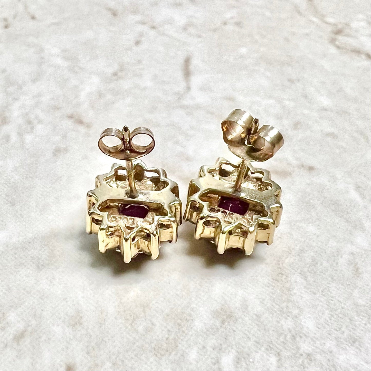 10 Karat Two - Tone Gold Diamond & Oval Ruby Halo Stud Earrings - WeilJewelry