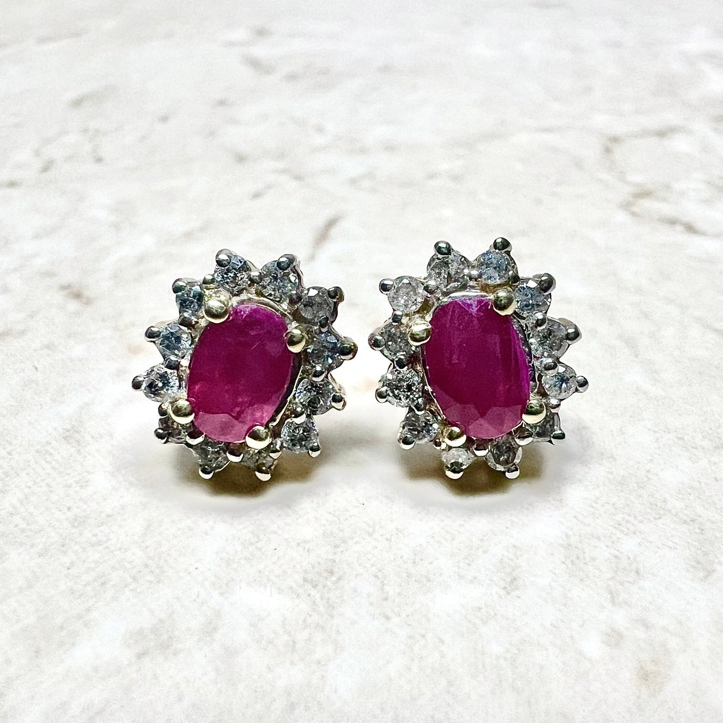 10 Karat Two-Tonw Gold Diamond & Oval Ruby Halo Stud Earrings - WeilJewelry