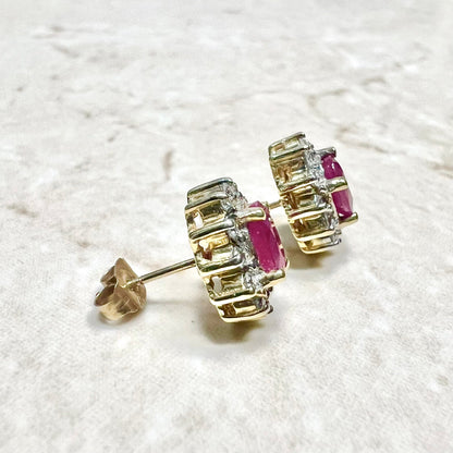 10 Karat Two - Tone Gold Diamond & Oval Ruby Halo Stud Earrings - WeilJewelry