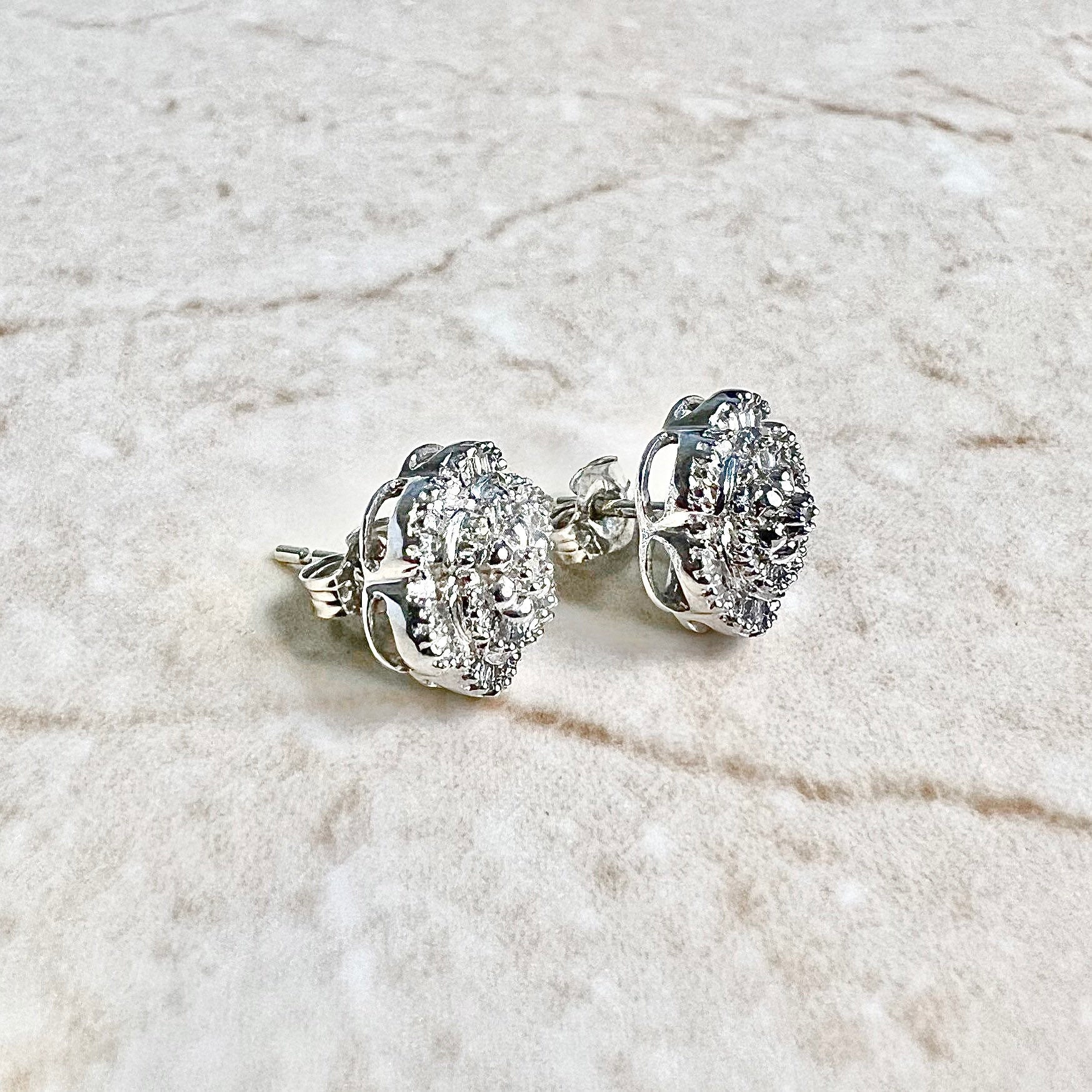 10K Diamond Cluster Stud Earrings 0.35 CTTW - 10K White Gold Diamond Studs - Diamond Halo Earrings - Anniversary Gift - Best Gifts For Her