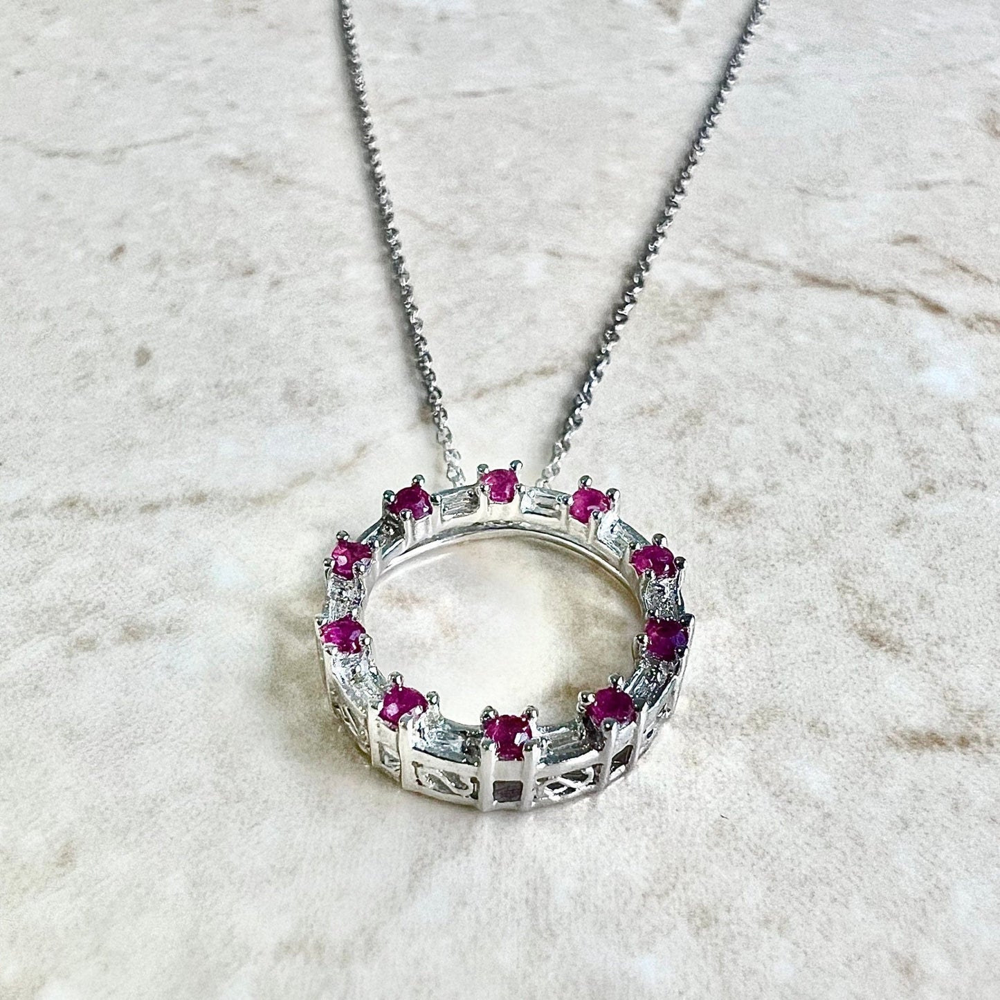 10K Diamond & Ruby Circle Pendant Necklace - White Gold Ruby Pendant - Open Circle Necklace - Valentine’s Day Gifts For Women - Gold Circle