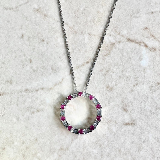 10K Diamond & Ruby Circle Pendant Necklace - White Gold Ruby Pendant - Open Circle Necklace - Valentine’s Day Gifts For Women - Gold Circle